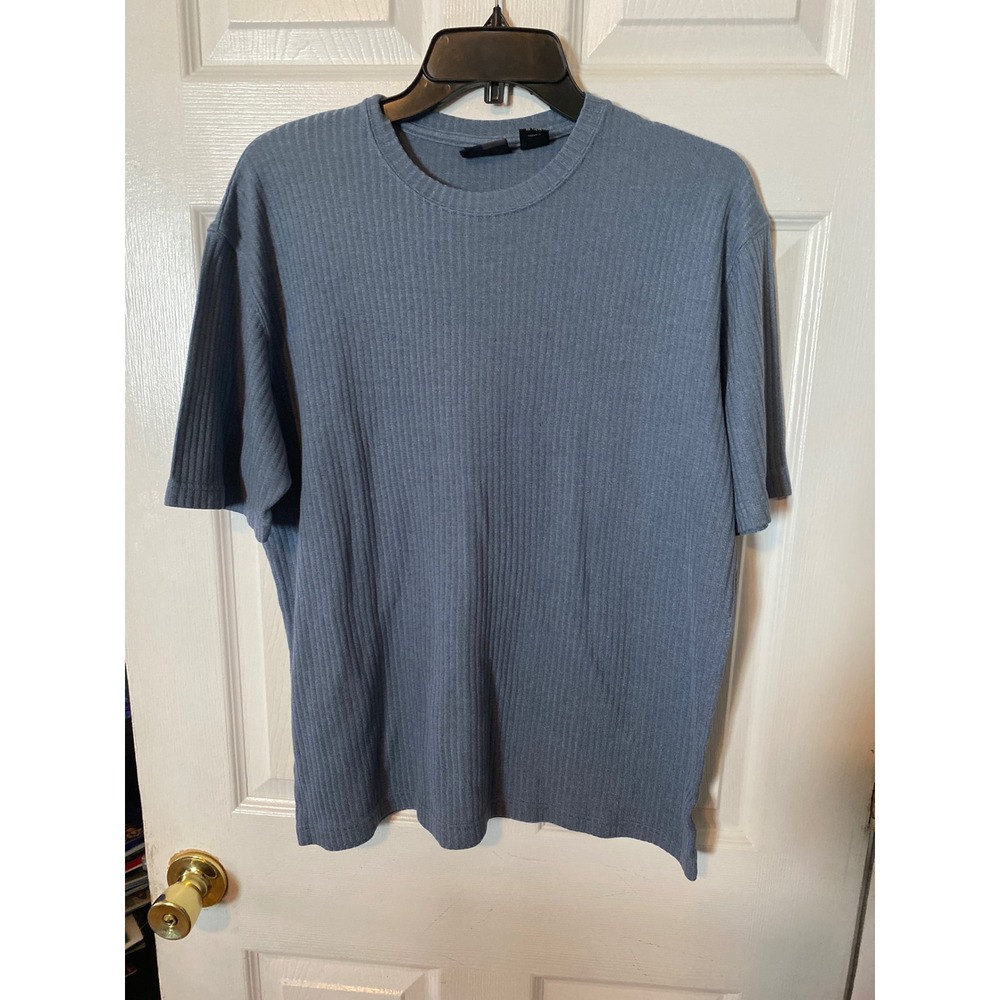J Ferrar Mens Ribbed Short Sleeve Crewneck T-Shirt Blue Rayon Blend Medium